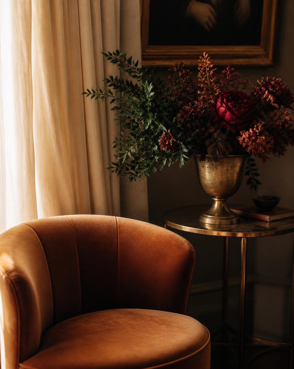 Warm luxury interior vignette with caramel velvet chair and burgundy florals