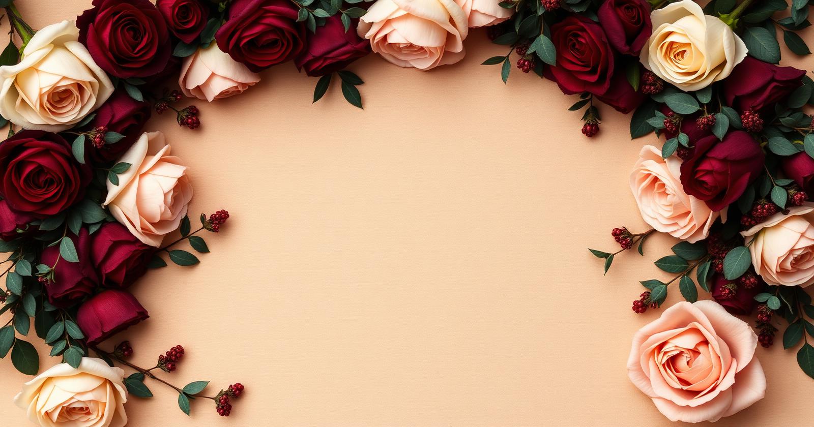 Romantic floral flatlay with roses, peonies, greenery, and berries